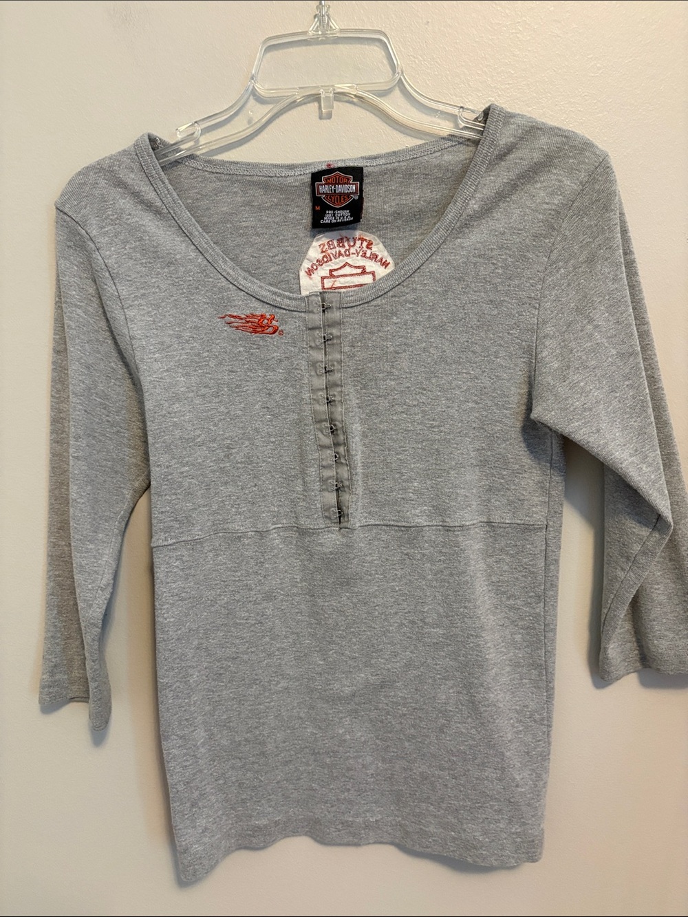 Harley-Davidson Gray 3/4 Length Sleeve Henley Top with Flame Accent